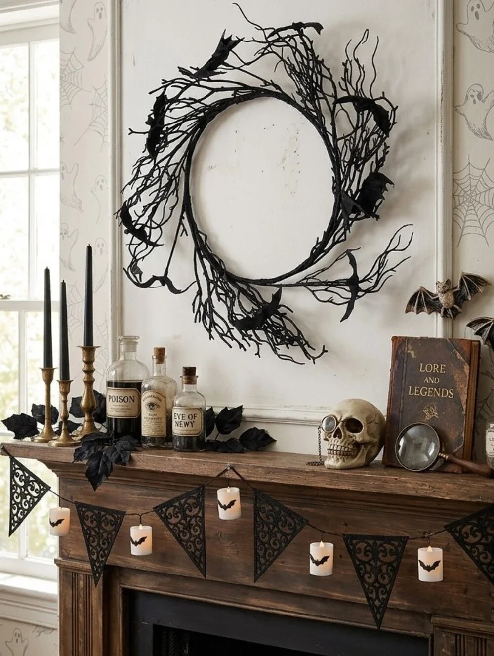 Black Twig Spooky Bat Halloween Wreath – Home Accents